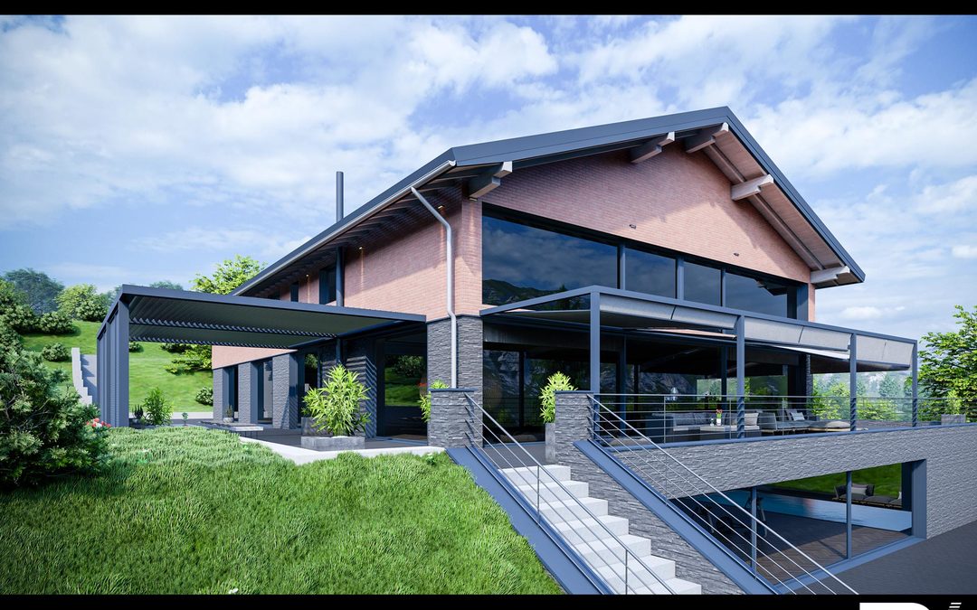 3D-Visualisierte Gesamtansicht einer Villa in Bayern