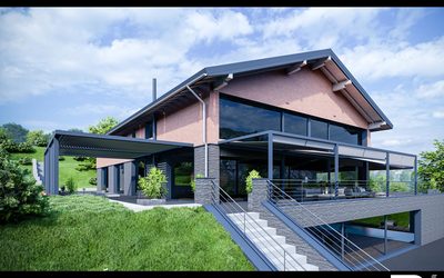 3D-Visualisierte Gesamtansicht einer Villa in Bayern