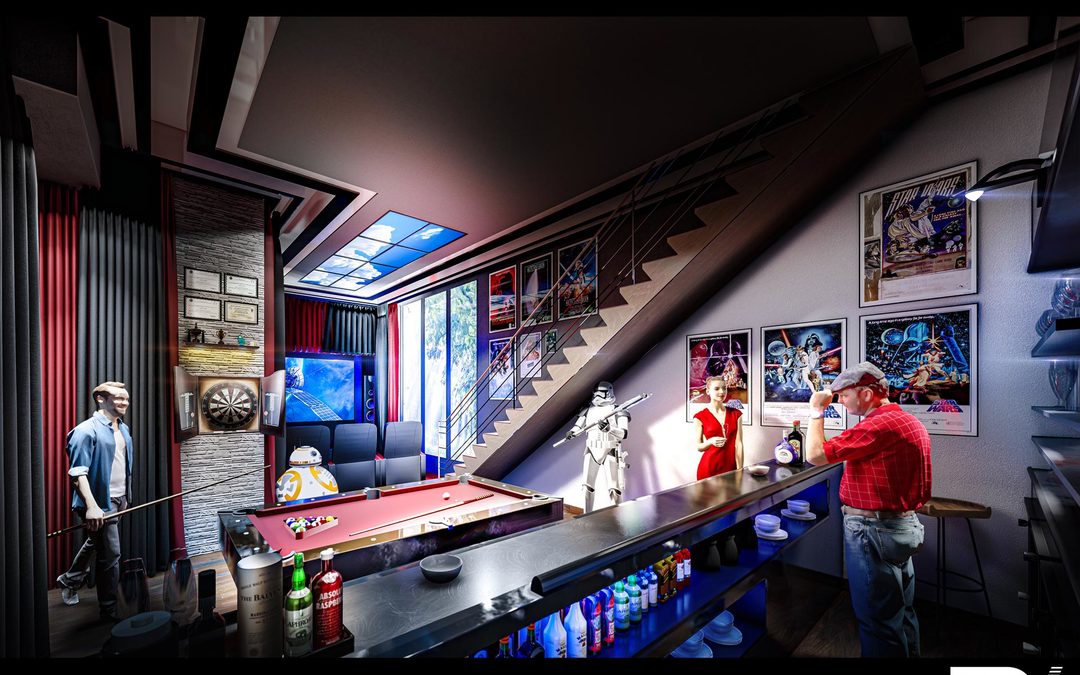 3D Rendering einer Man-Cave im Kellergeschoss